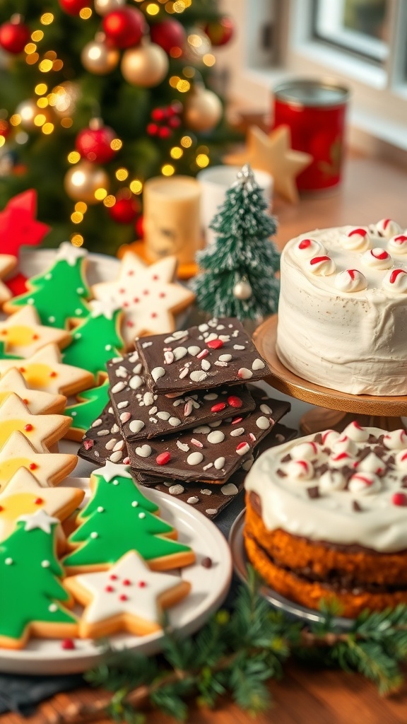 A festive Christmas baking display with cookies, peppermint bark, and eggnog cake on a decorated table.